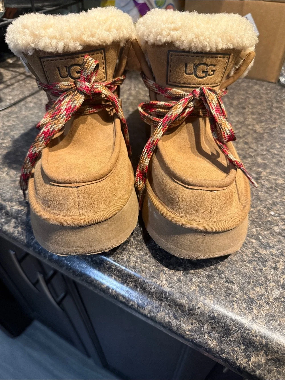 UGG Chestnut Suede Shearling Lace-Up Winter Boots with Multicolor Laces